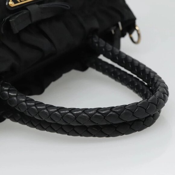 PRADA ribbon Hand Bag Nylon Leather 2way Black Gold Auth ki5666 - Picture 8 of 16